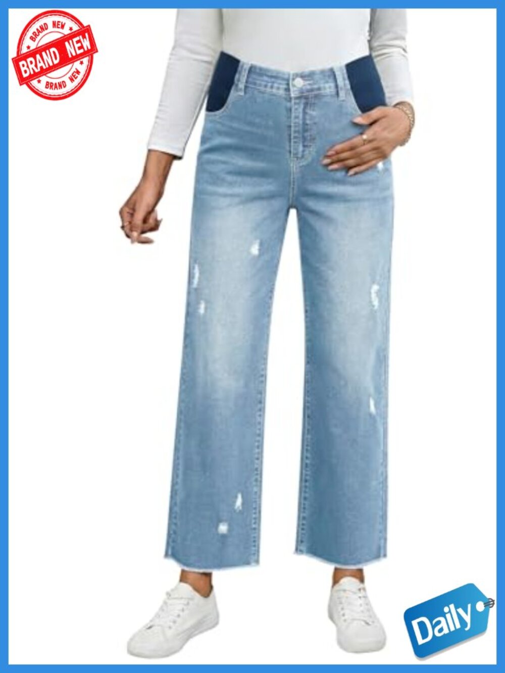 Maternity Wide Leg Ripped Jeans Stretchy Raw Hem Denim Pants